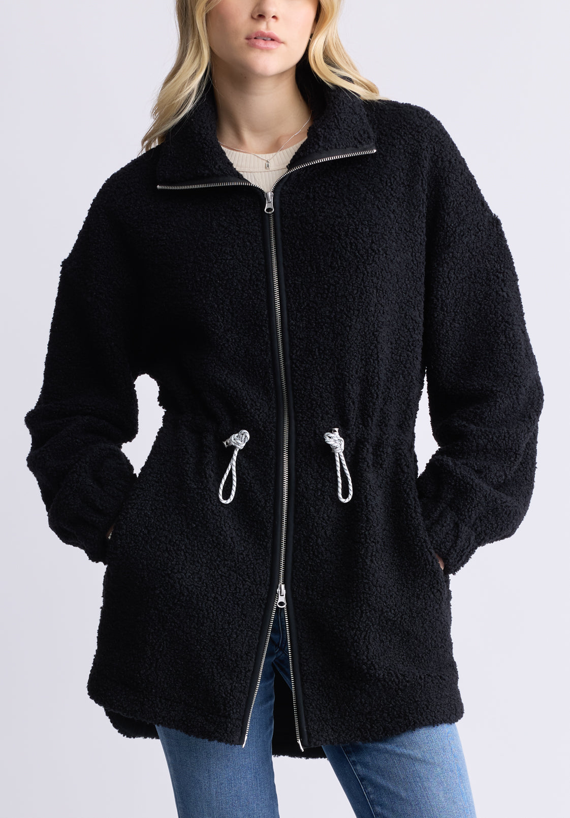 Citra Women's Cinch-Waist Full-Zip Sherpa Coat. Black - JK0038F