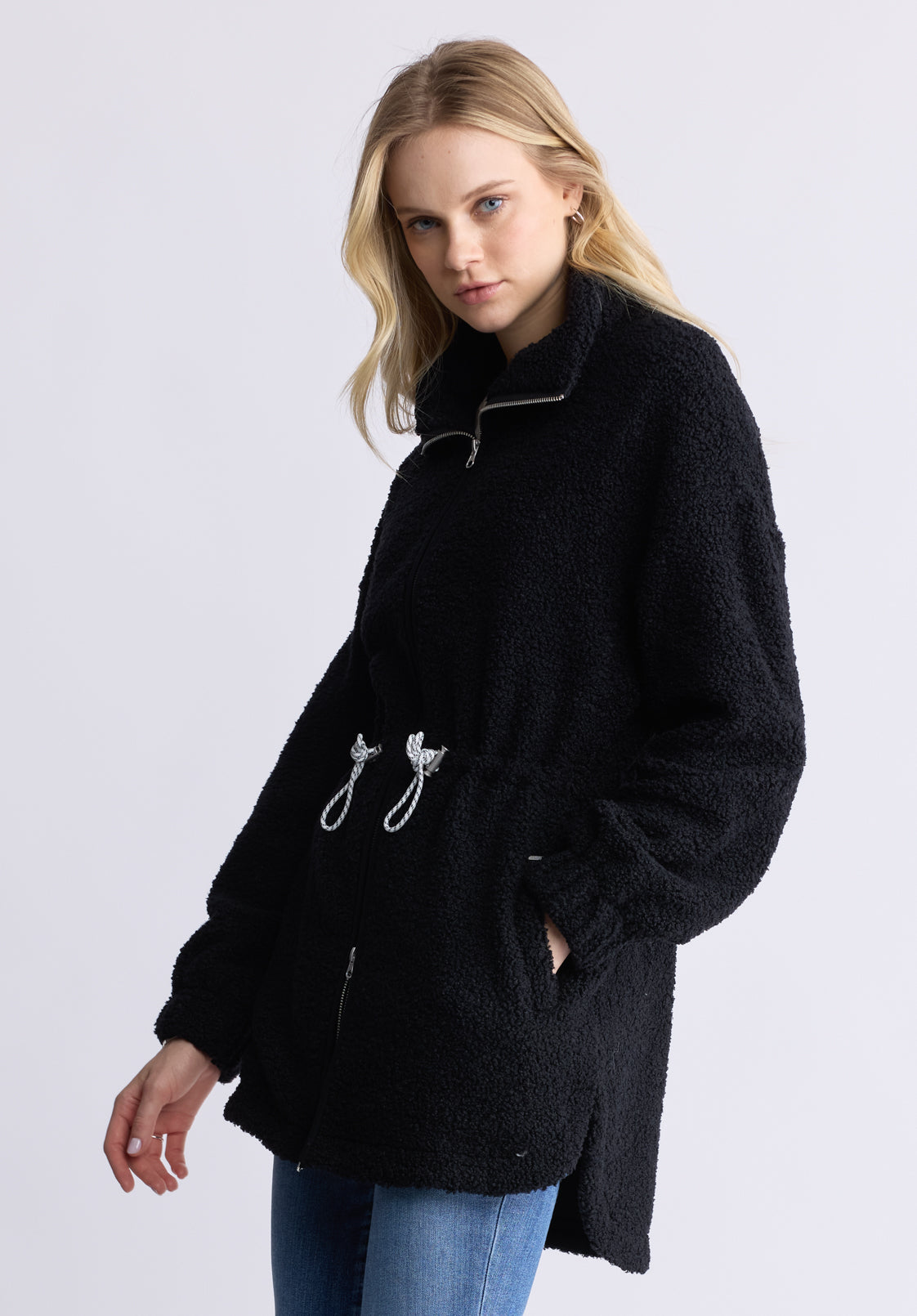 Citra Women's Cinch-Waist Full-Zip Sherpa Coat. Black - JK0038F
