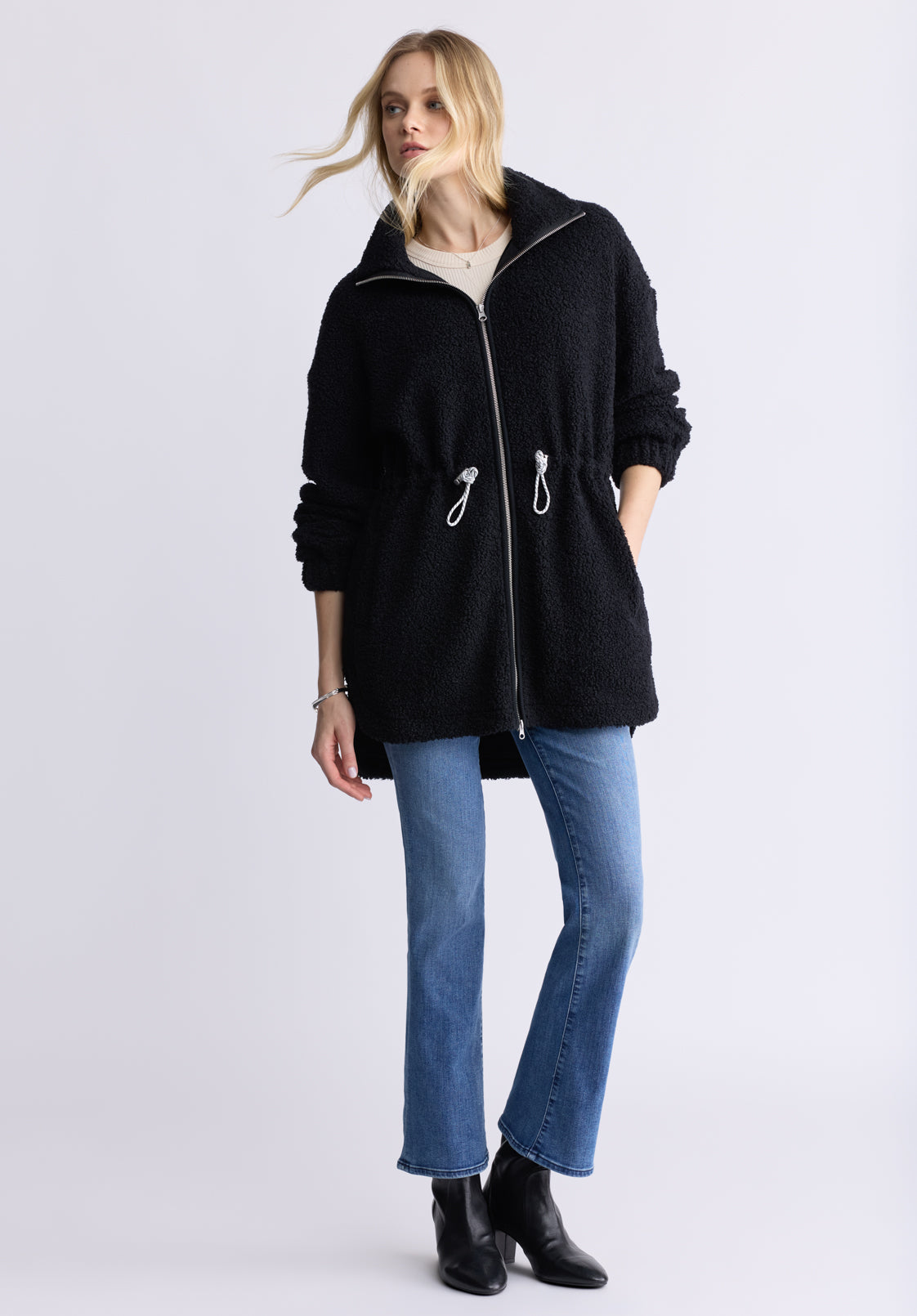 Citra Women's Cinch-Waist Full-Zip Sherpa Coat. Black - JK0038F