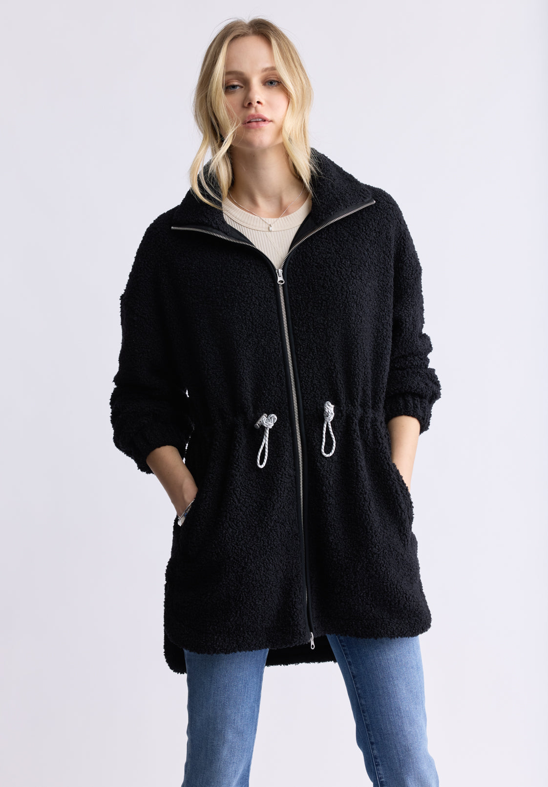Citra Women's Cinch-Waist Full-Zip Sherpa Coat. Black - JK0038F