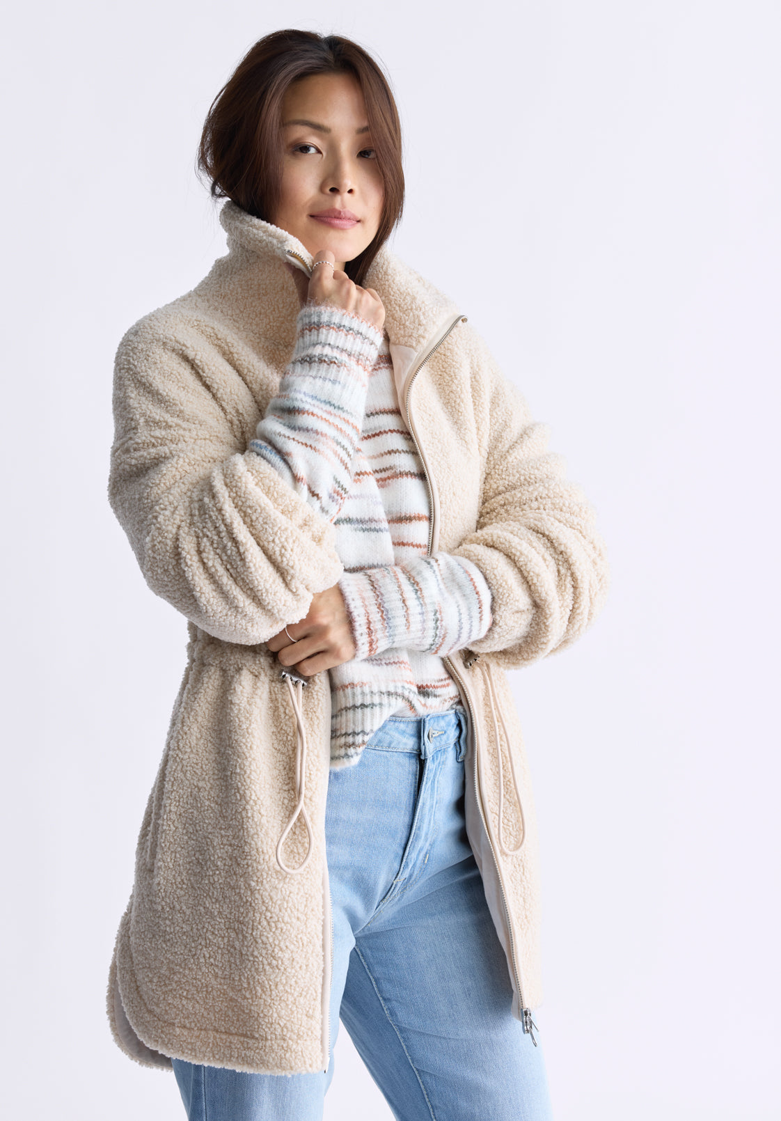 Citra Women's Cinch-Waist Full-Zip Sherpa Coat. Oatmeal - JK0038F