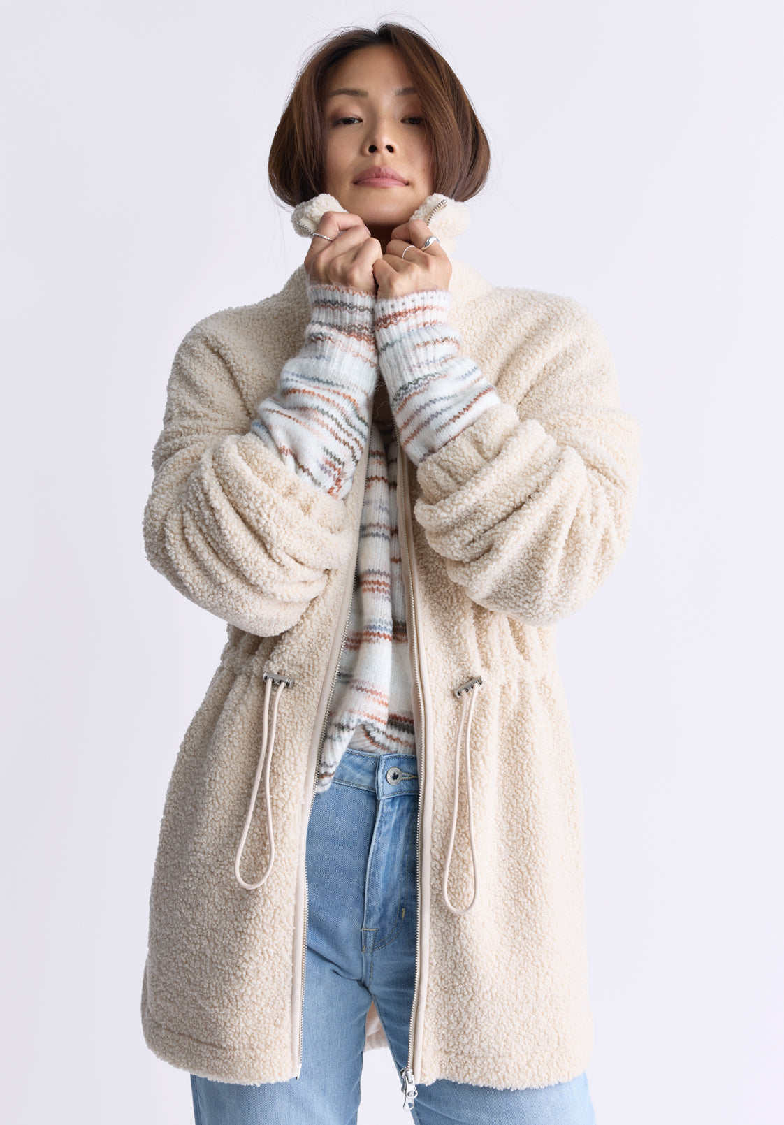 Citra Women's Cinch-Waist Full-Zip Sherpa Coat. Oatmeal - JK0038F