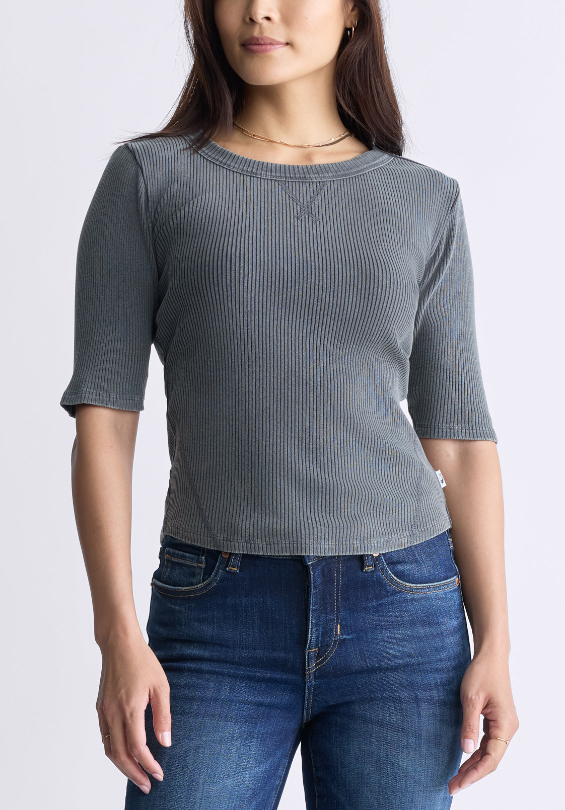 Tabbey Women's Elbow-Length Sleeve Ribbed Top. Raven Grey - KT0152F