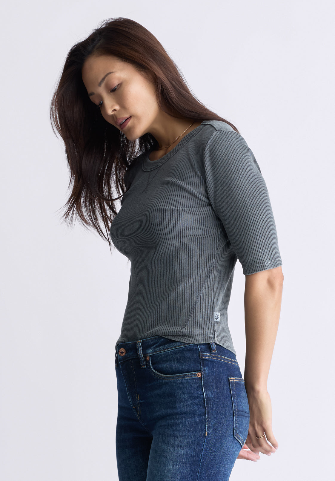 Tabbey Women's Elbow-Length Sleeve Ribbed Top. Raven Grey - KT0152F