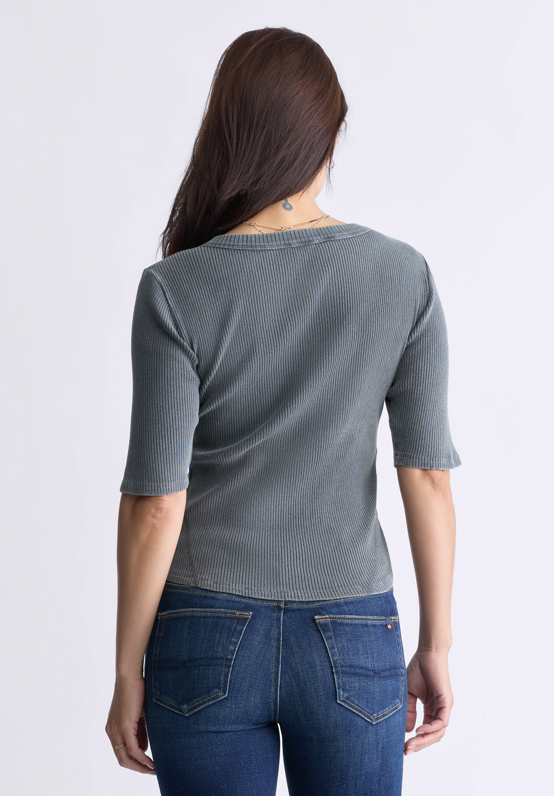 Tabbey Women's Elbow-Length Sleeve Ribbed Top. Raven Grey - KT0152F