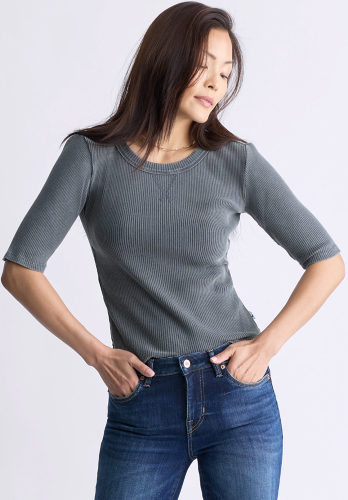 Tabbey Women's Elbow-Length Sleeve Ribbed Top. Raven Grey - KT0152F