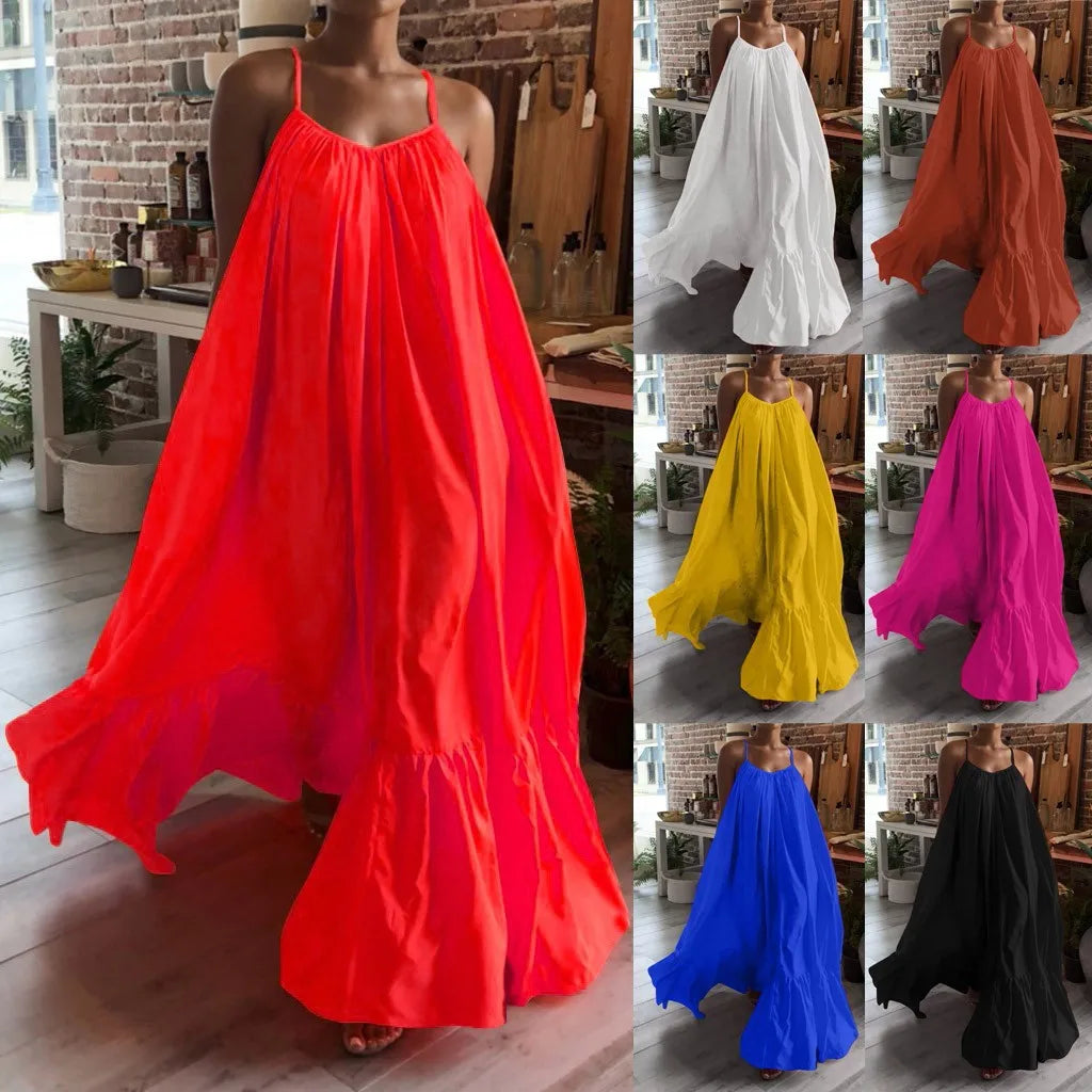 Spring Dress For Women Sexy Solid Strap Dress Pocket Loose Backless Big Swing Dresses Holiday Dresses For Women Wedding Guest