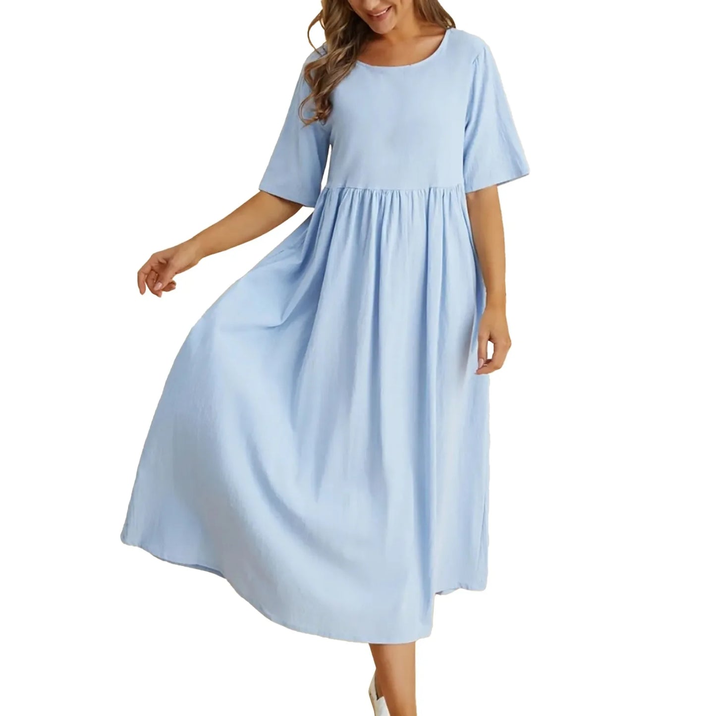 Loose Cotton And Linen Dresses For Women Casual Short Sleeve Patchwork Dress Solid Color A Line Pullover Dress Vestido Feminino