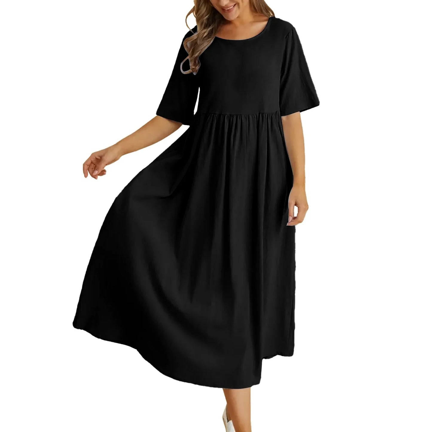 Loose Cotton And Linen Dresses For Women Casual Short Sleeve Patchwork Dress Solid Color A Line Pullover Dress Vestido Feminino