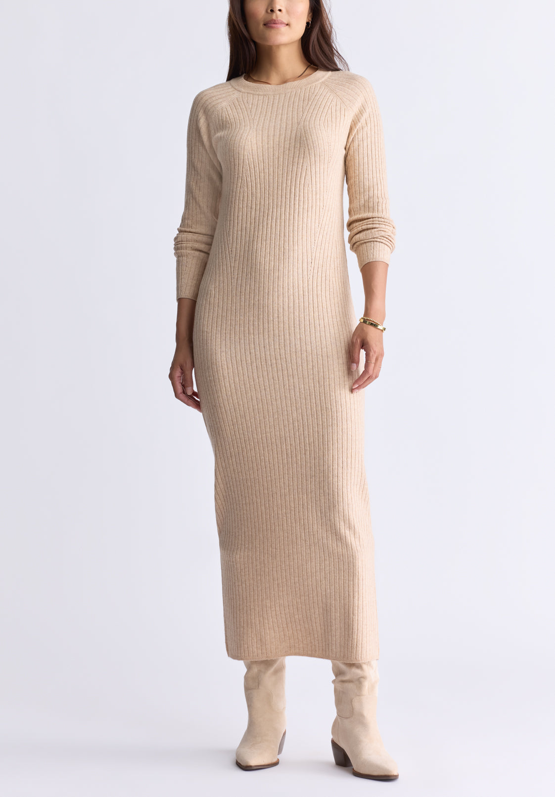 Jaida Women's Long Sleeve Rib Knit Dress. Tan - SD0004F