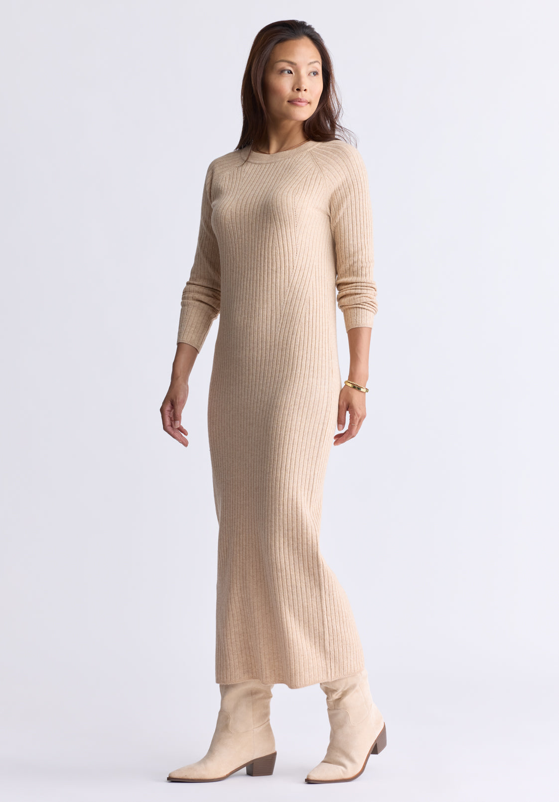 Jaida Women's Long Sleeve Rib Knit Dress. Tan - SD0004F