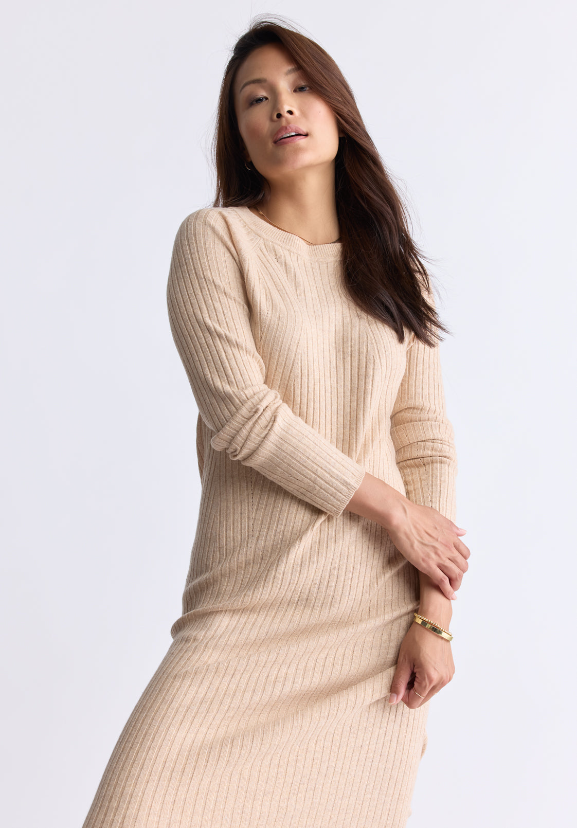 Jaida Women's Long Sleeve Rib Knit Dress. Tan - SD0004F