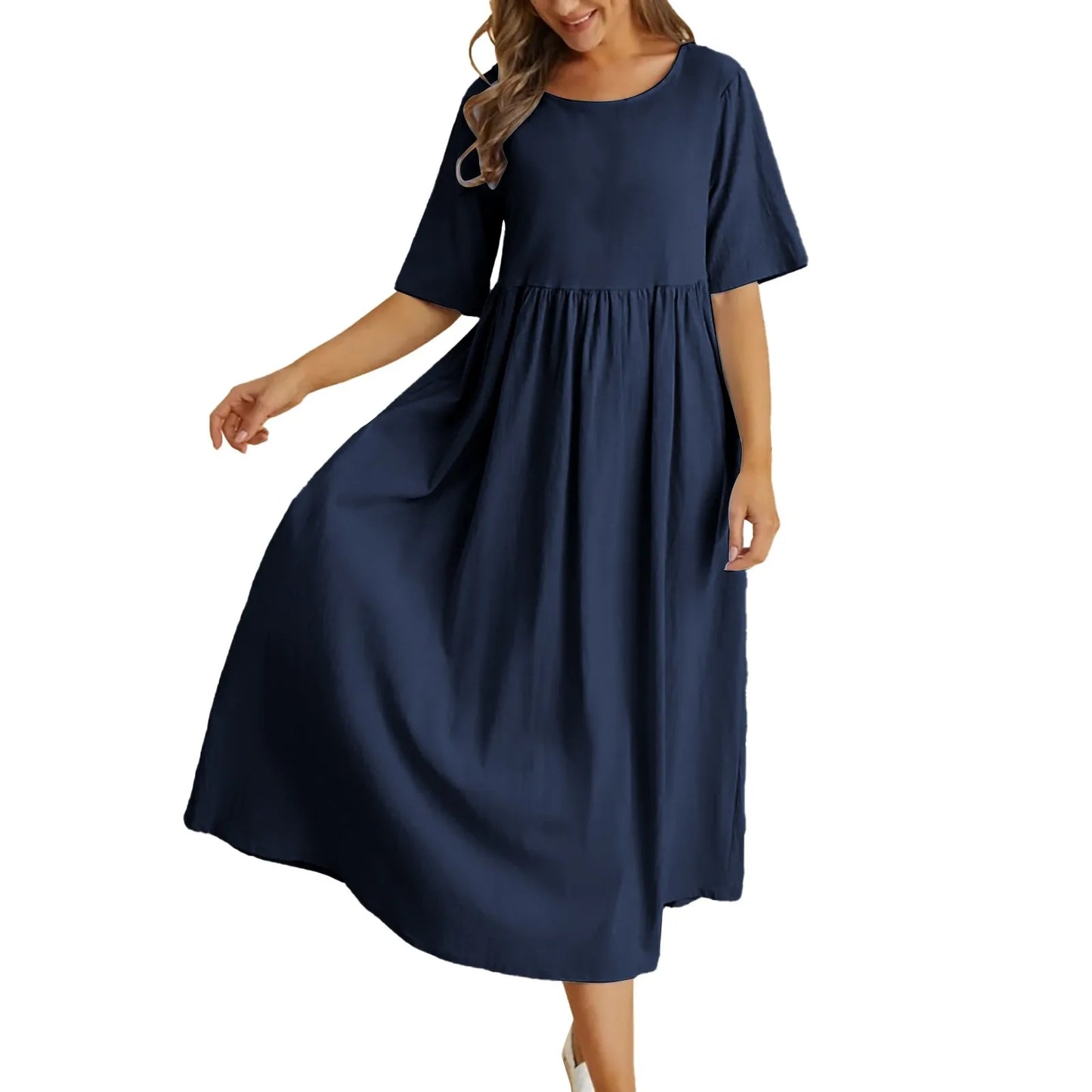 Loose Cotton And Linen Dresses For Women Casual Short Sleeve Patchwork Dress Solid Color A Line Pullover Dress Vestido Feminino