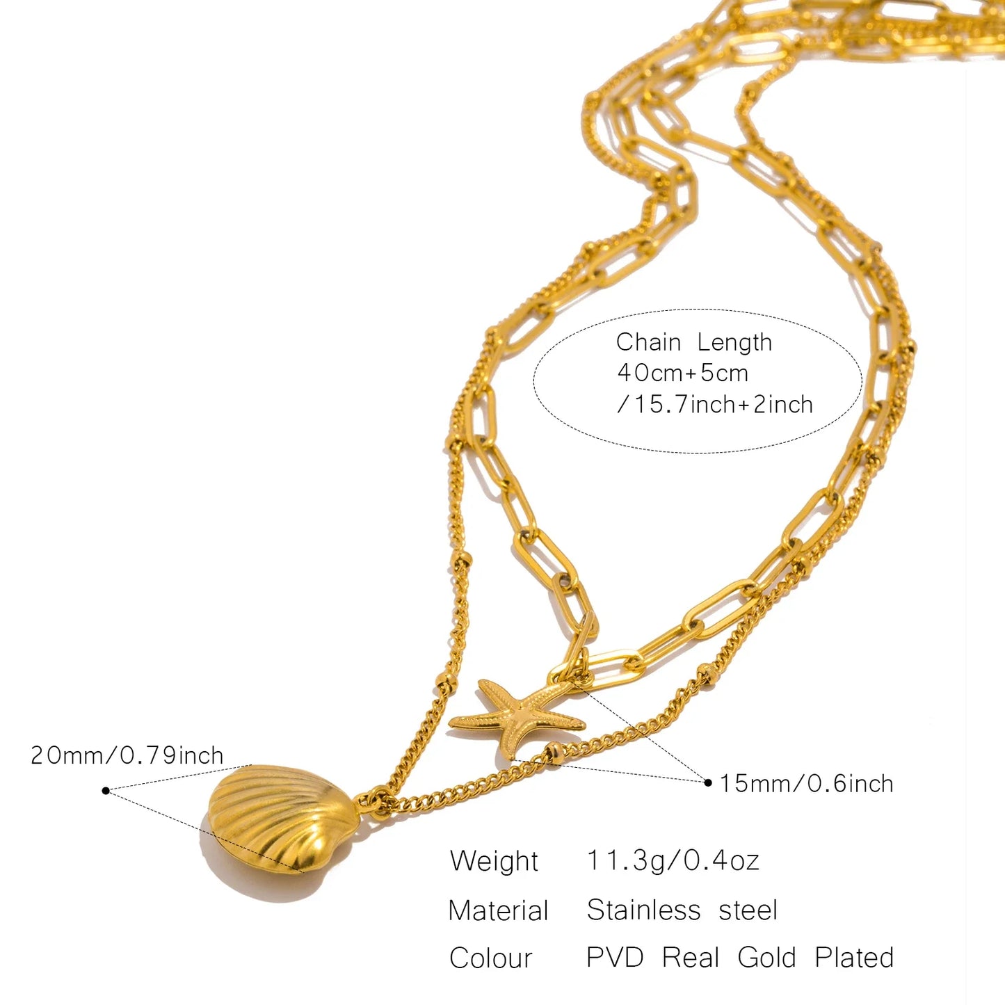 UHBINYCA Double Layered Chain Necklace for Women, Summer Beach Seashell Starfish Pendant, Stainless Steel Waterproof Jewelry