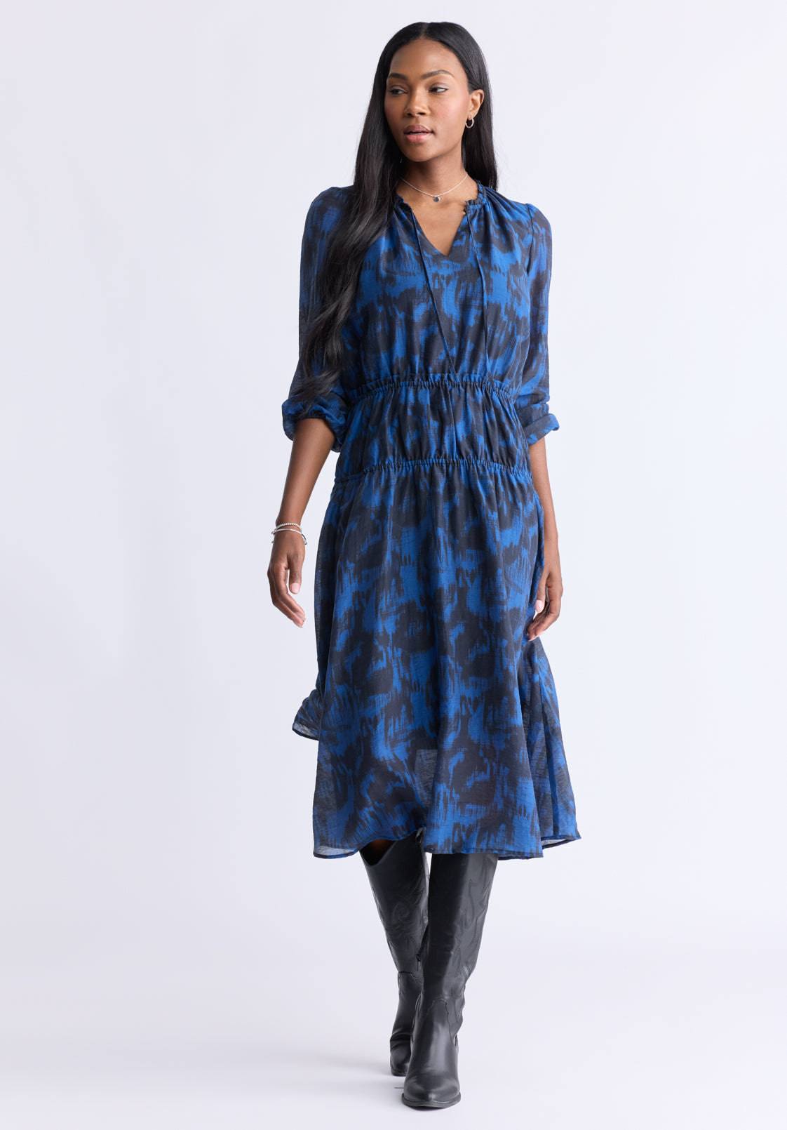 Virlen Women's Long Sleeve Tie-neck Printed Midi Dress. Navy - WD0062F