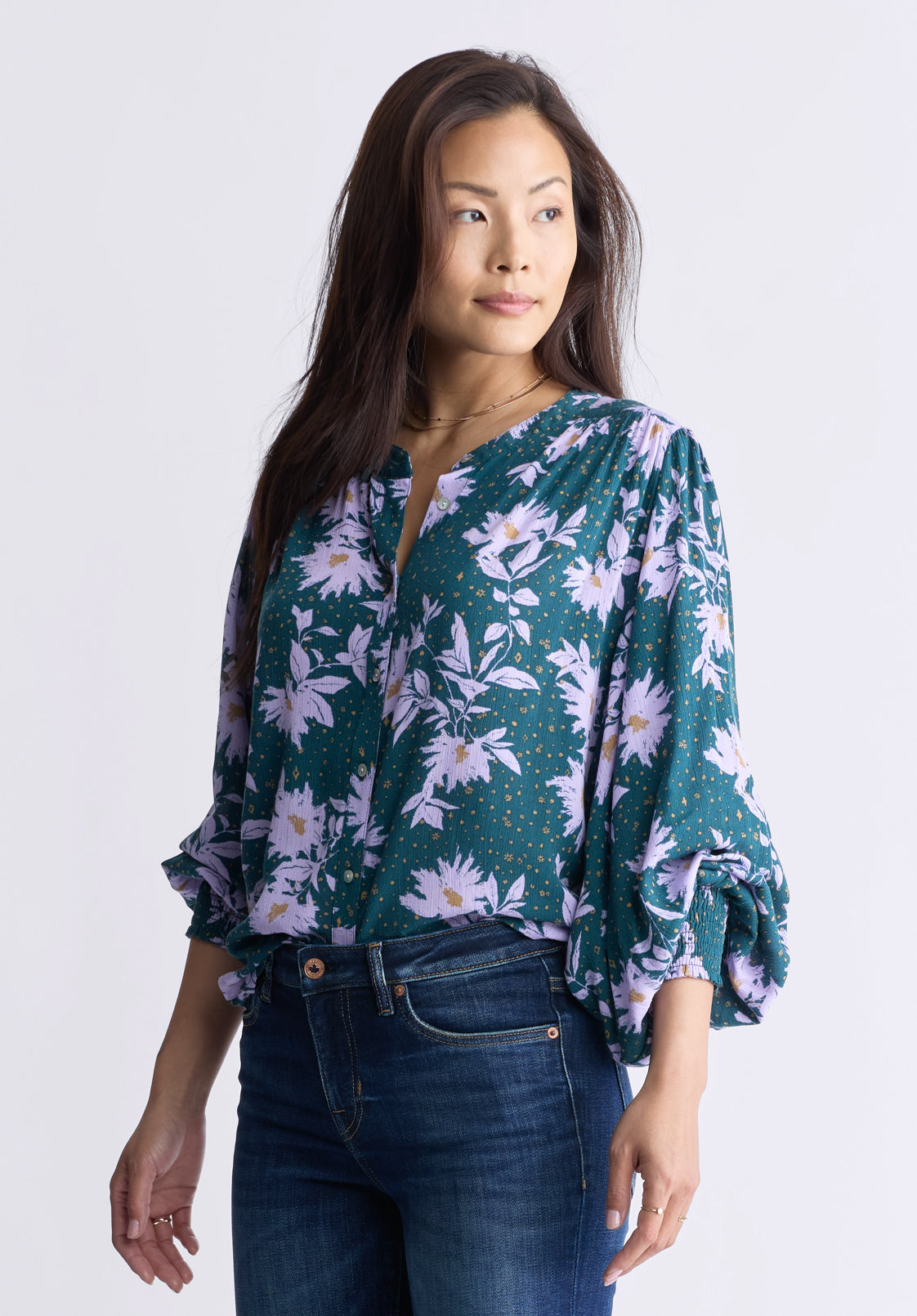 Ottilie Women's Long-Sleeved Blouse. Green with Purple Floral - WT0120F