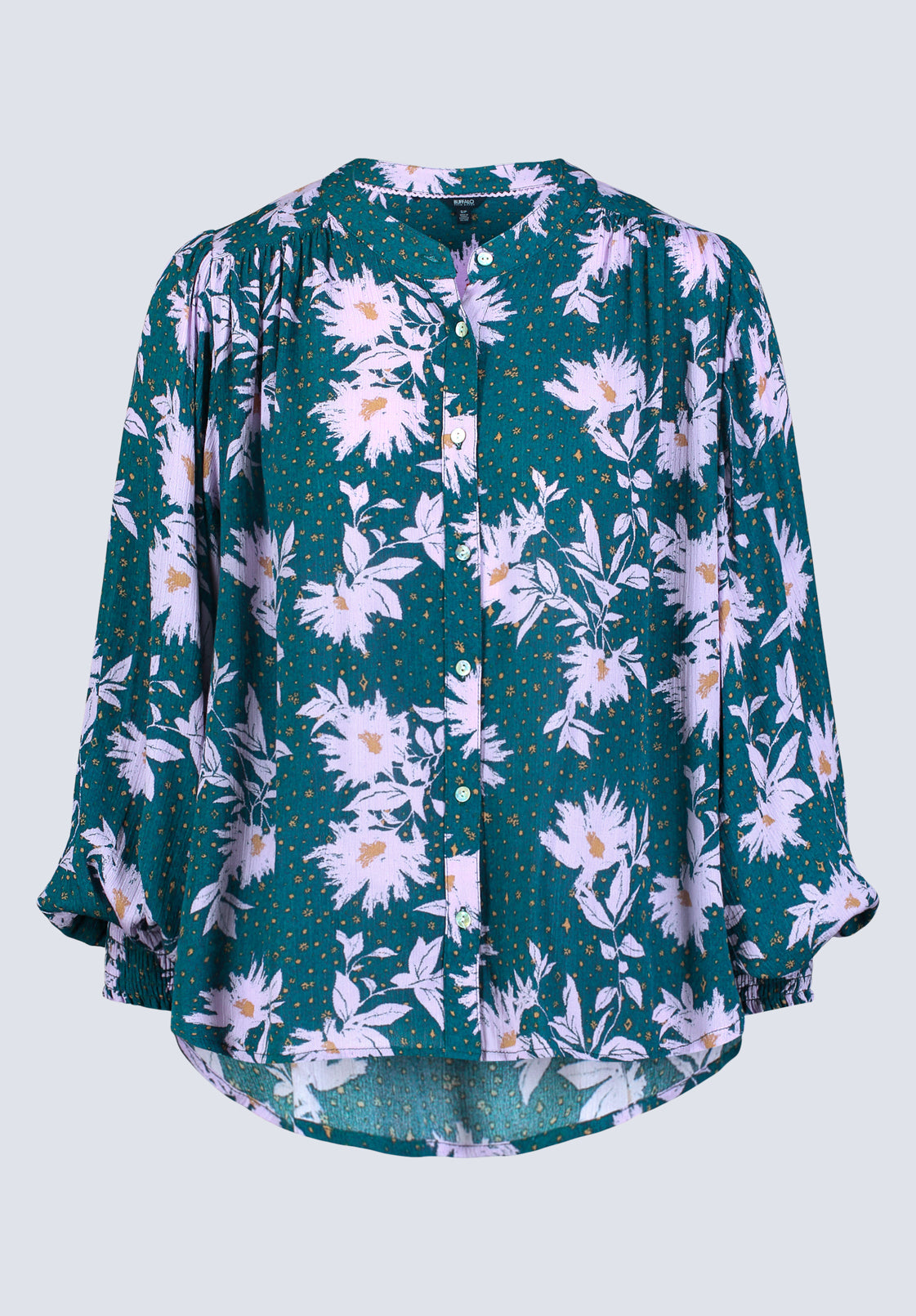 Ottilie Women's Long-Sleeved Blouse. Green with Purple Floral - WT0120F