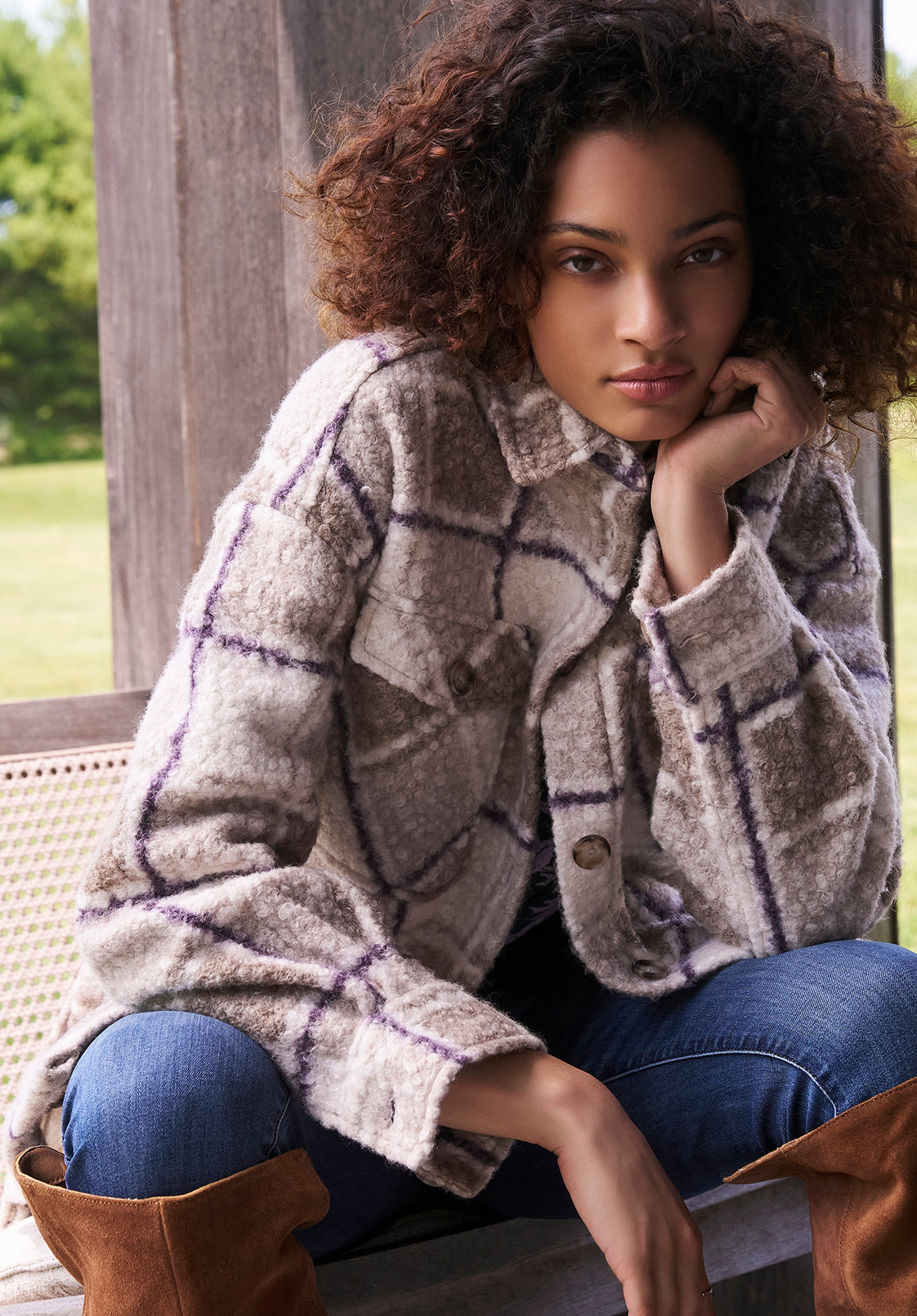 Royce Women's Plaid Coat. Beige & Purple - JK0033F