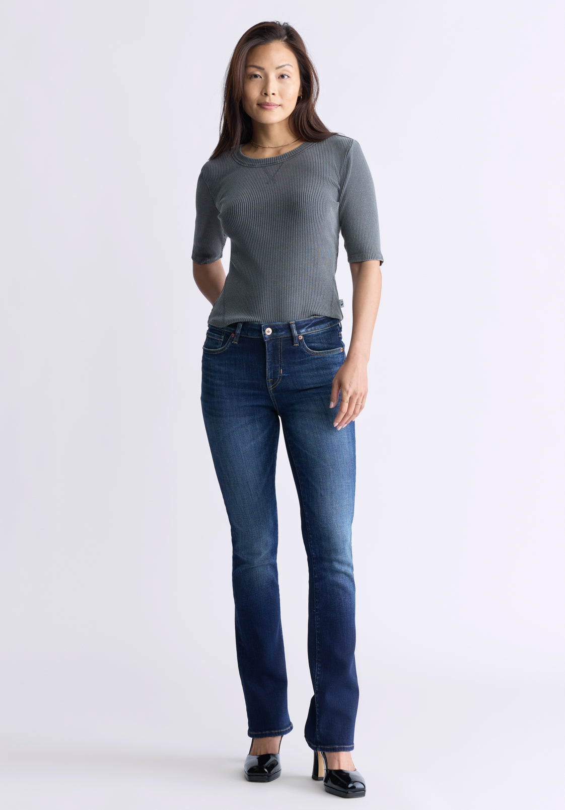 Tabbey Women's Elbow-Length Sleeve Ribbed Top. Raven Grey  - KT0152F
