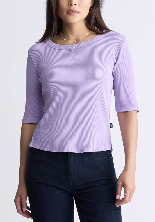 Tabbey Women's Elbow-Length Sleeve Ribbed Top. Purple - KT0152F
