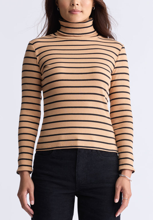 Mavra Women's Striped Ribbed Turtleneck Top. Beige - KT0161F