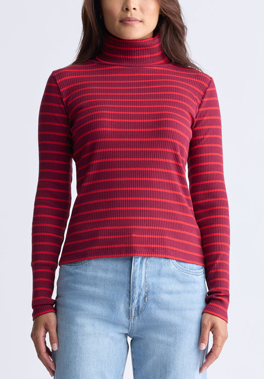 Mavra Women's Striped Ribbed Turtleneck Top. Red - KT0161F
