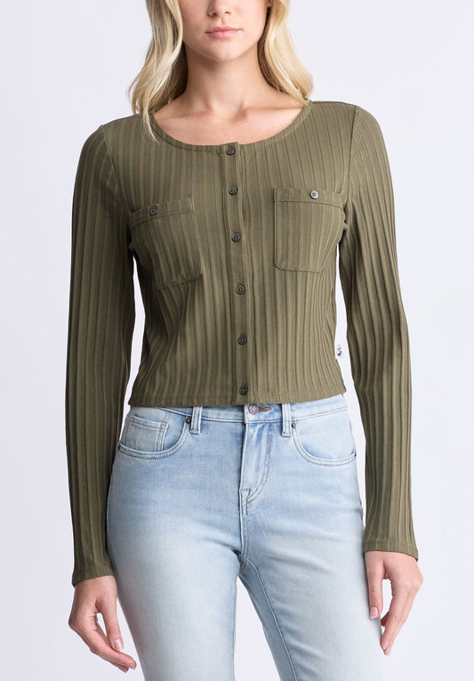 Albertina Women's Ribbed Long-Sleeve Button-Up Top. Olive Green - KT0205H