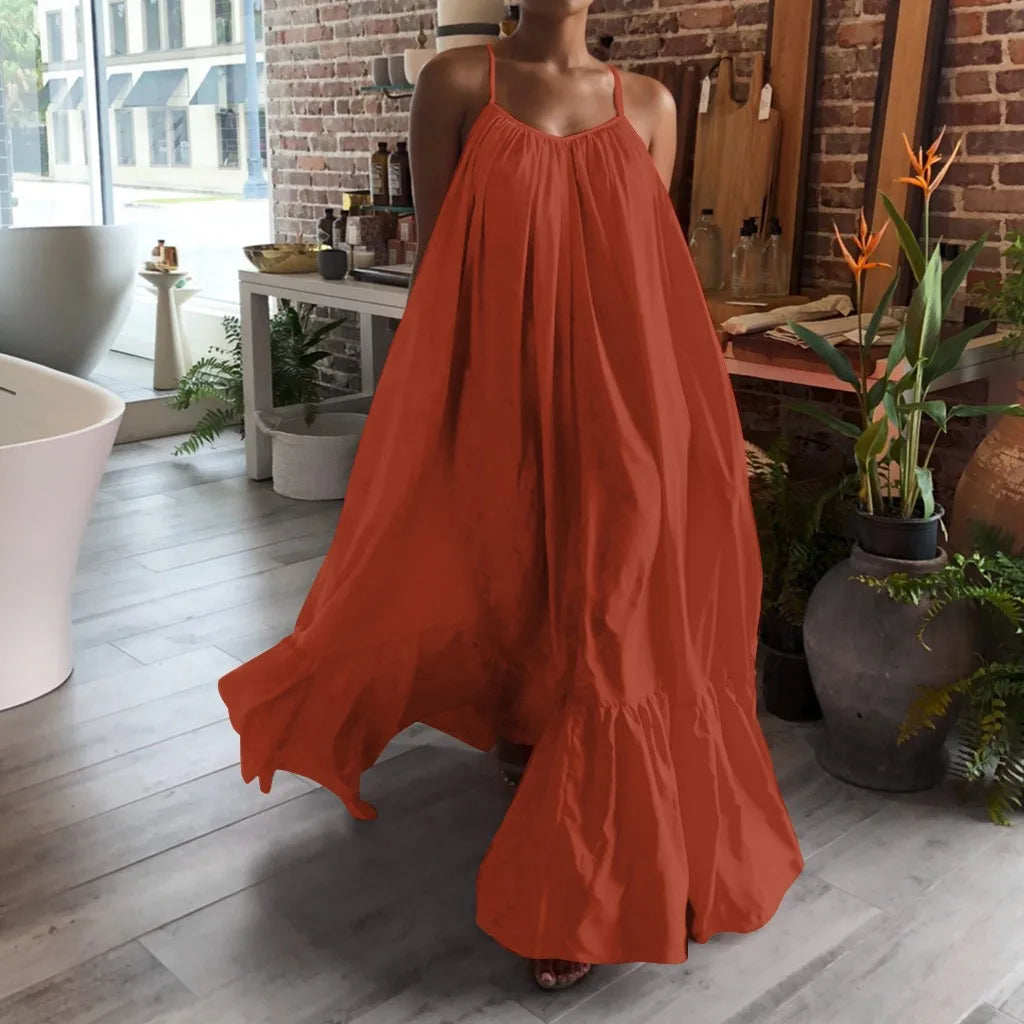 Spring Dress For Women Sexy Solid Strap Dress Pocket Loose Backless Big Swing Dresses Holiday Dresses For Women Wedding Guest