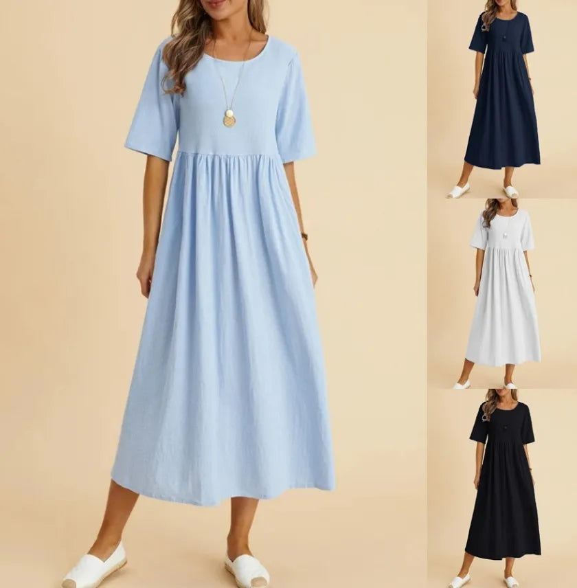 Loose Cotton And Linen Dresses For Women Casual Short Sleeve Patchwork Dress Solid Color A Line Pullover Dress Vestido Feminino