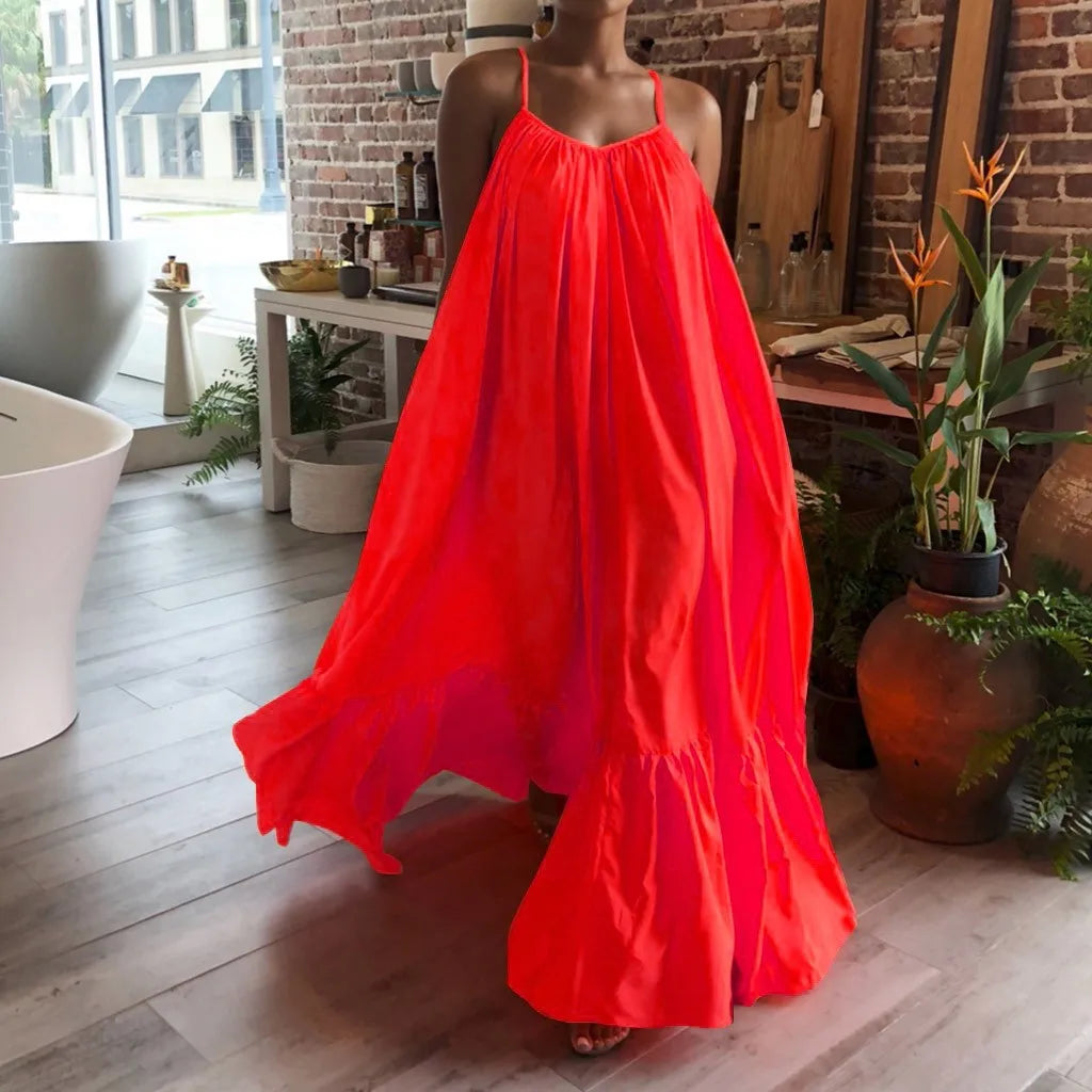 Spring Dress For Women Sexy Solid Strap Dress Pocket Loose Backless Big Swing Dresses Holiday Dresses For Women Wedding Guest