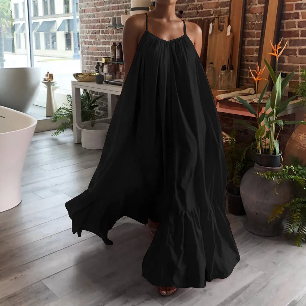 Spring Dress For Women Sexy Solid Strap Dress Pocket Loose Backless Big Swing Dresses Holiday Dresses For Women Wedding Guest