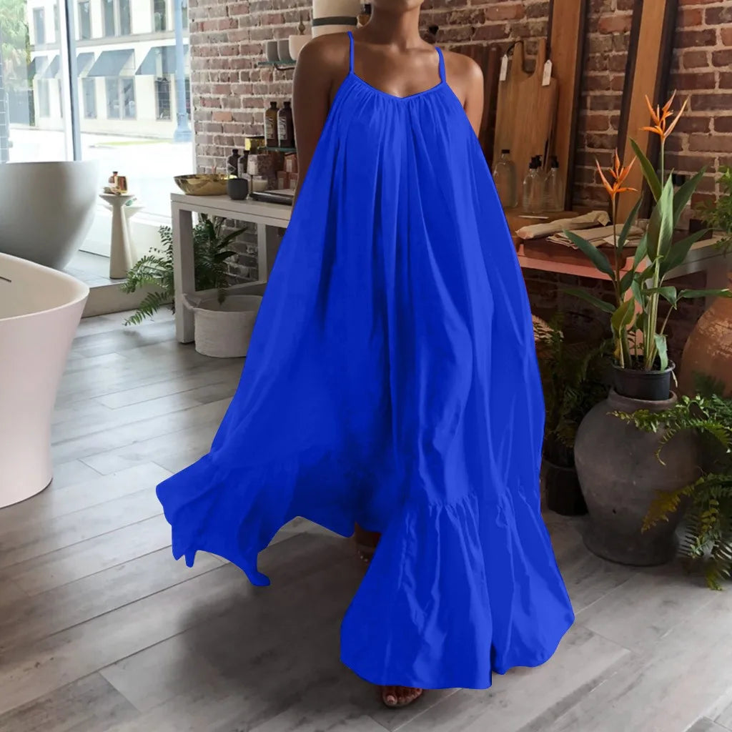 Spring Dress For Women Sexy Solid Strap Dress Pocket Loose Backless Big Swing Dresses Holiday Dresses For Women Wedding Guest