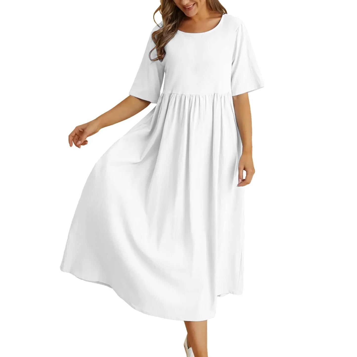 Loose Cotton And Linen Dresses For Women Casual Short Sleeve Patchwork Dress Solid Color A Line Pullover Dress Vestido Feminino