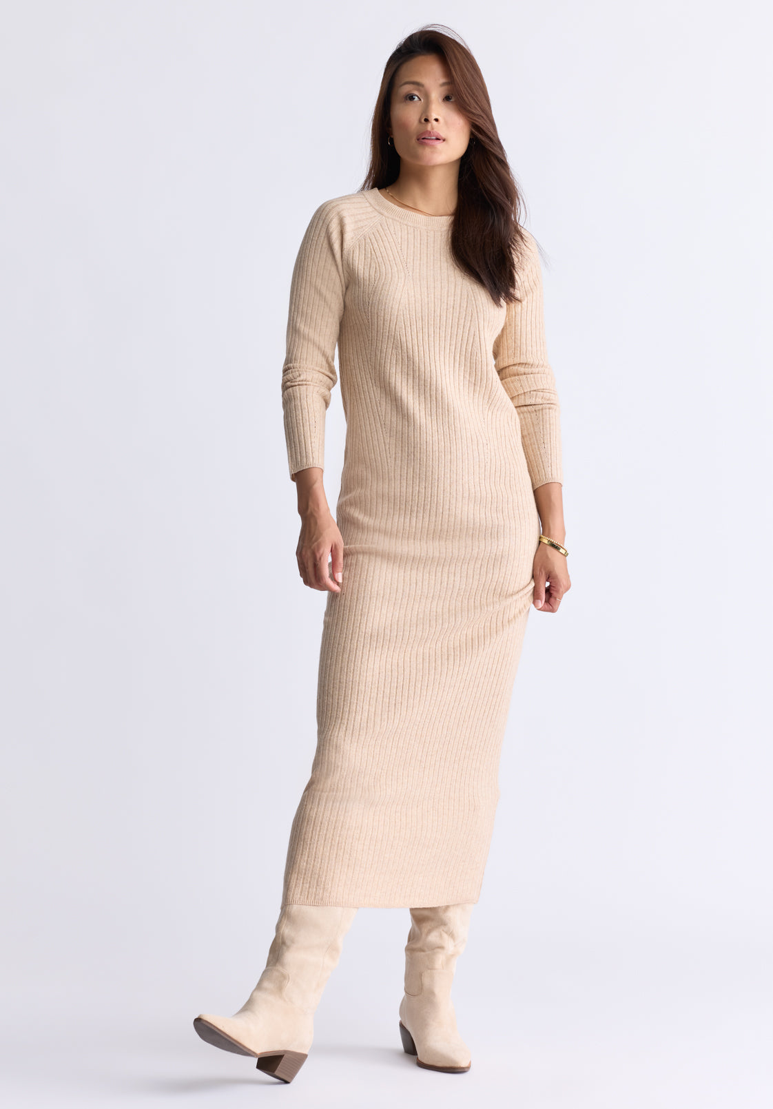 Jaida Women's Long Sleeve Rib Knit Dress. Tan - SD0004F