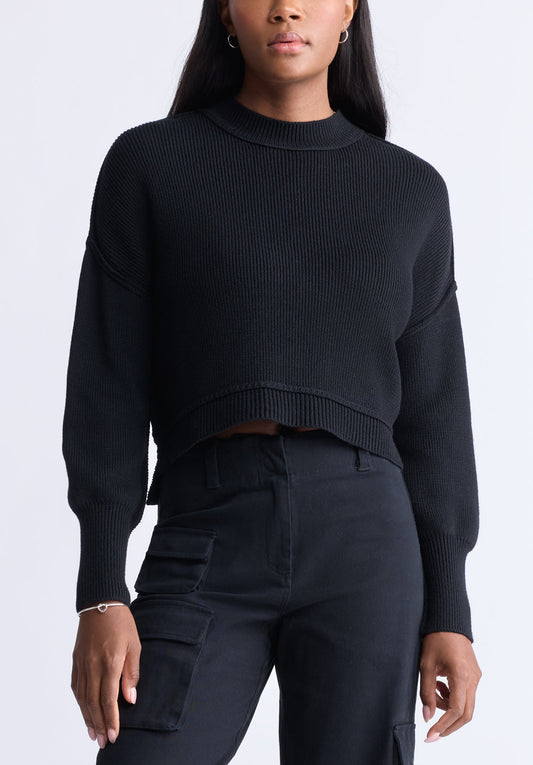 Seema Women's Dropped Sleeve Cropped Sweater. Black - SW0095F