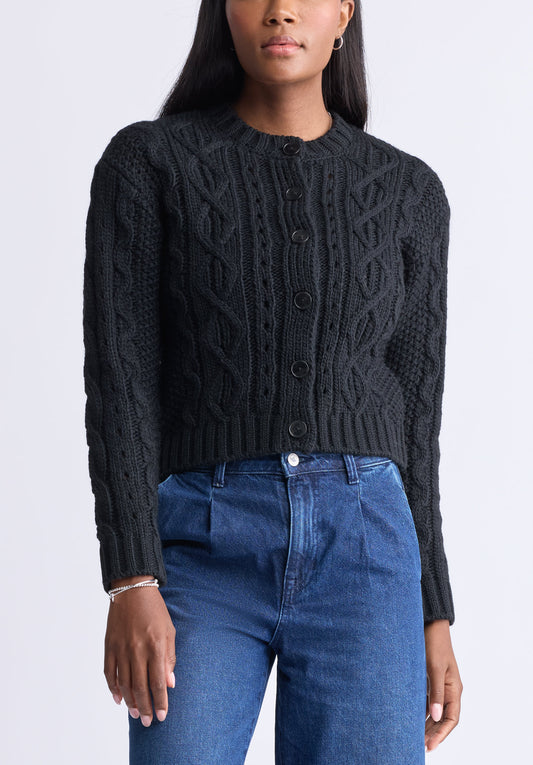 Temperance Women's Cable-Knit Button-Up Cardigan. Black - SW0096F