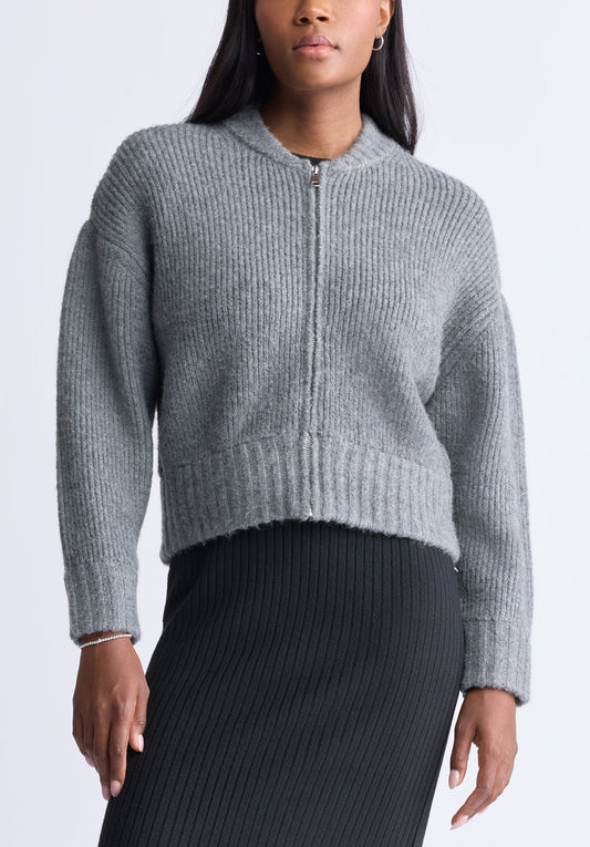 Rudie Women's Ribbed Knit Zip-Up Cardigan. Grey - SW0097H