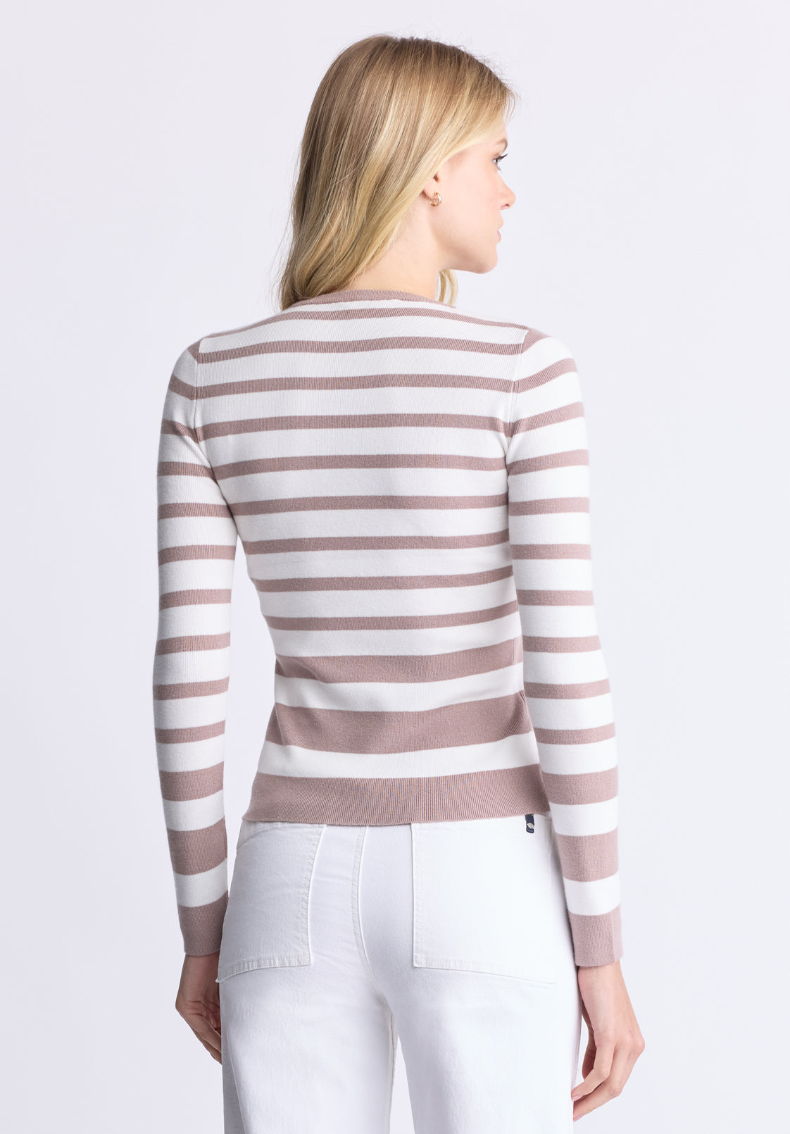 Scotlyn Women's Striped Long-Sleeve Sweater. White & Tan - SW0103H