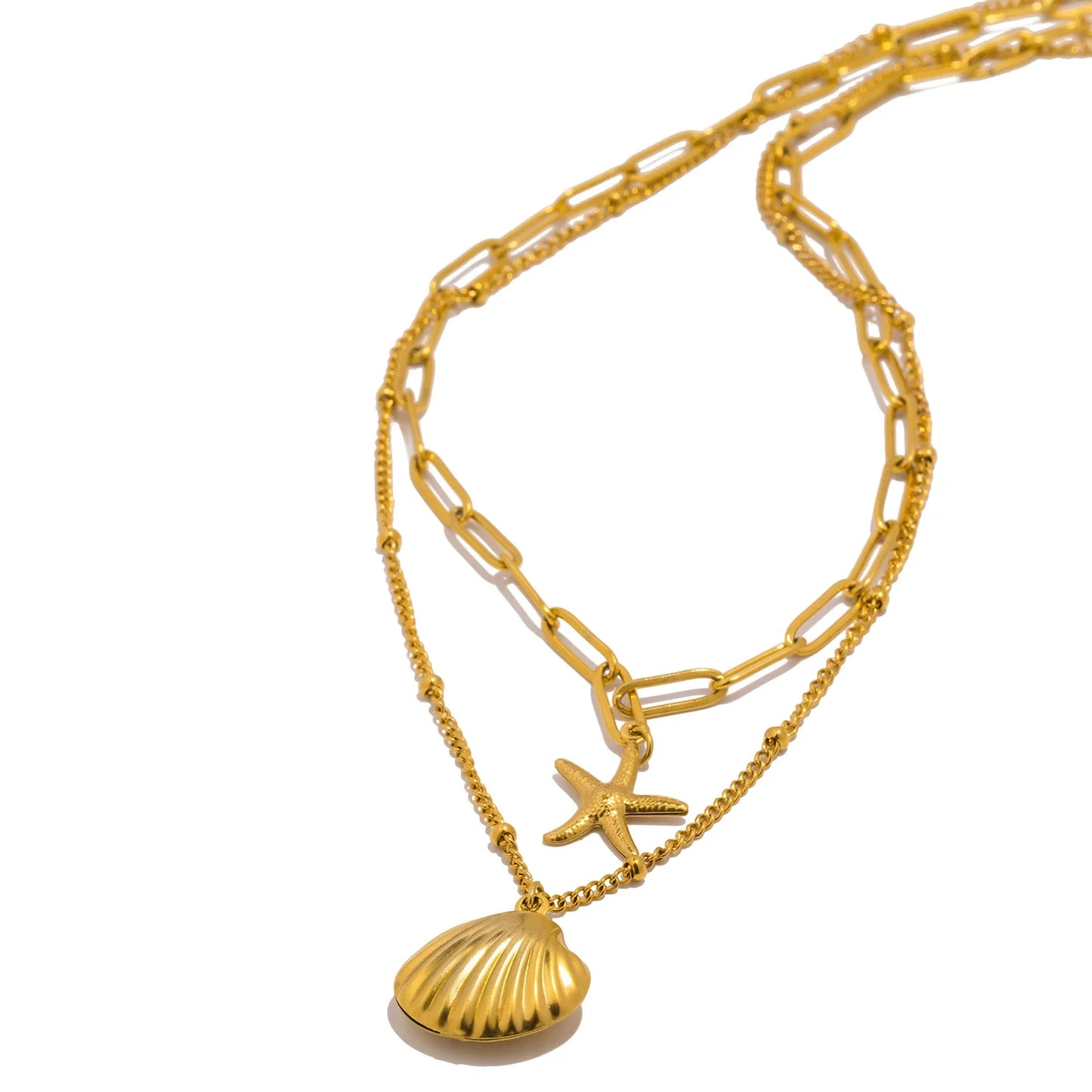 UHBINYCA Double Layered Chain Necklace for Women, Summer Beach Seashell Starfish Pendant, Stainless Steel Waterproof Jewelry