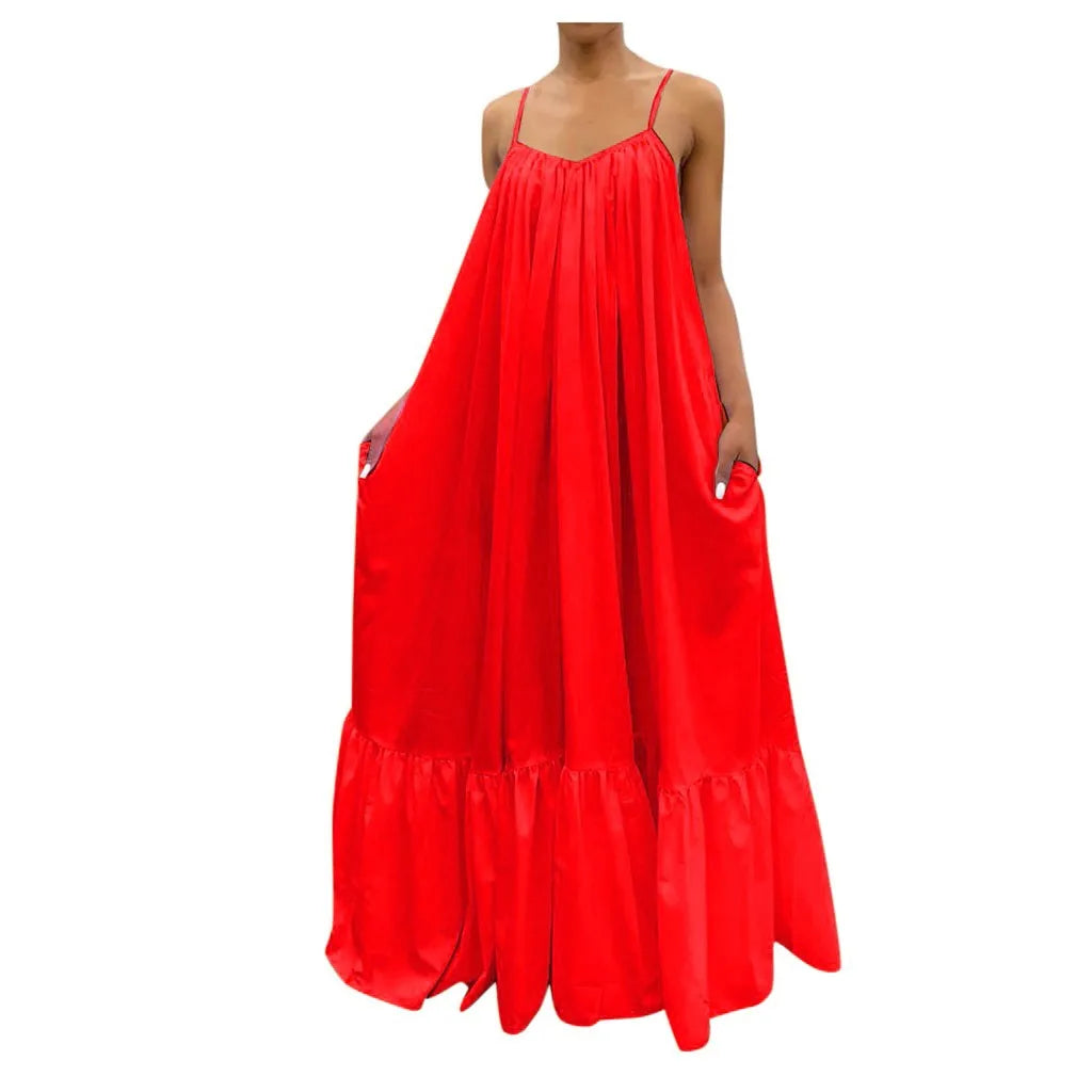 Spring Dress For Women Sexy Solid Strap Dress Pocket Loose Backless Big Swing Dresses Holiday Dresses For Women Wedding Guest