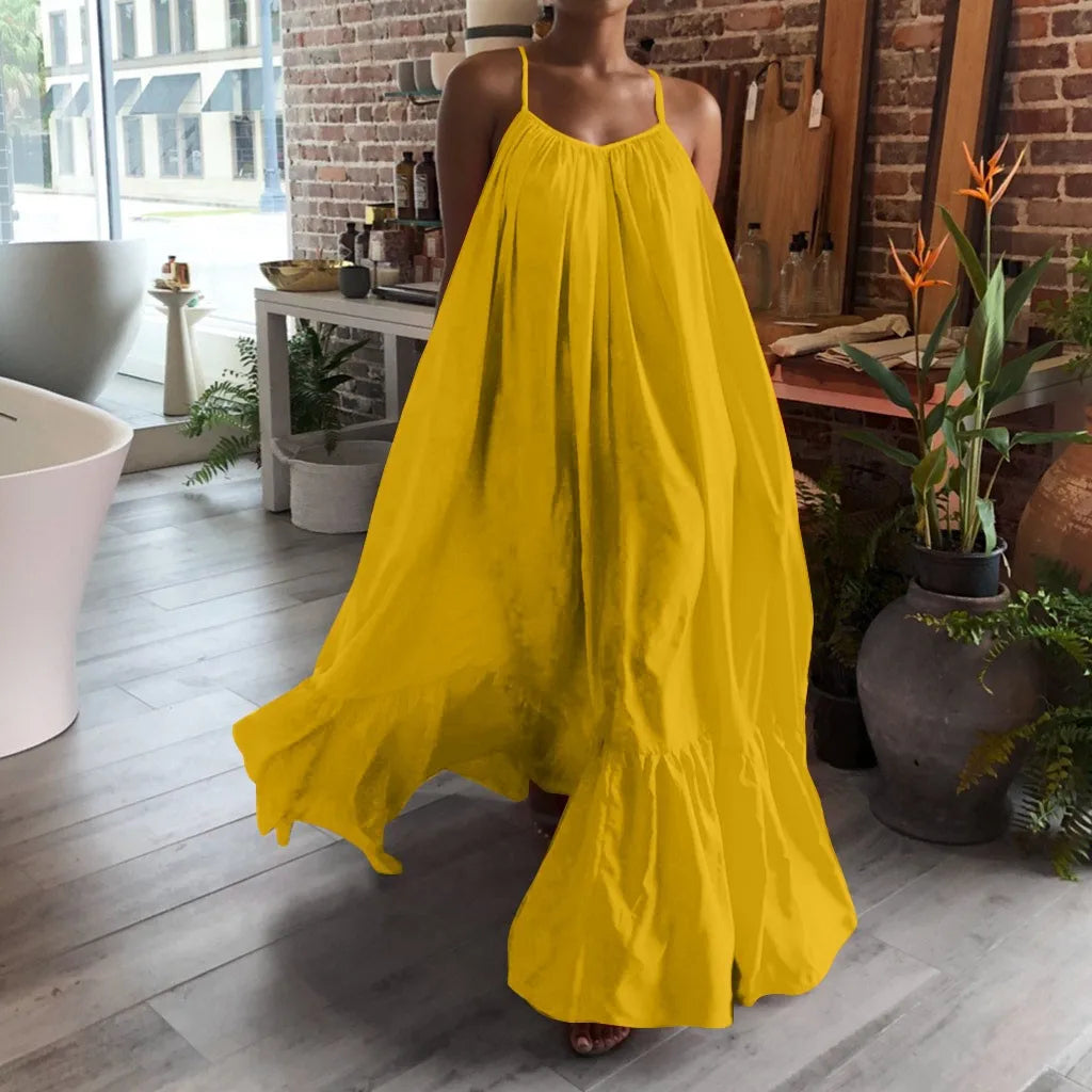 Spring Dress For Women Sexy Solid Strap Dress Pocket Loose Backless Big Swing Dresses Holiday Dresses For Women Wedding Guest