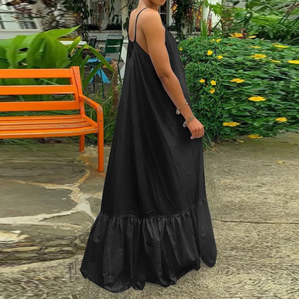 Spring Dress For Women Sexy Solid Strap Dress Pocket Loose Backless Big Swing Dresses Holiday Dresses For Women Wedding Guest