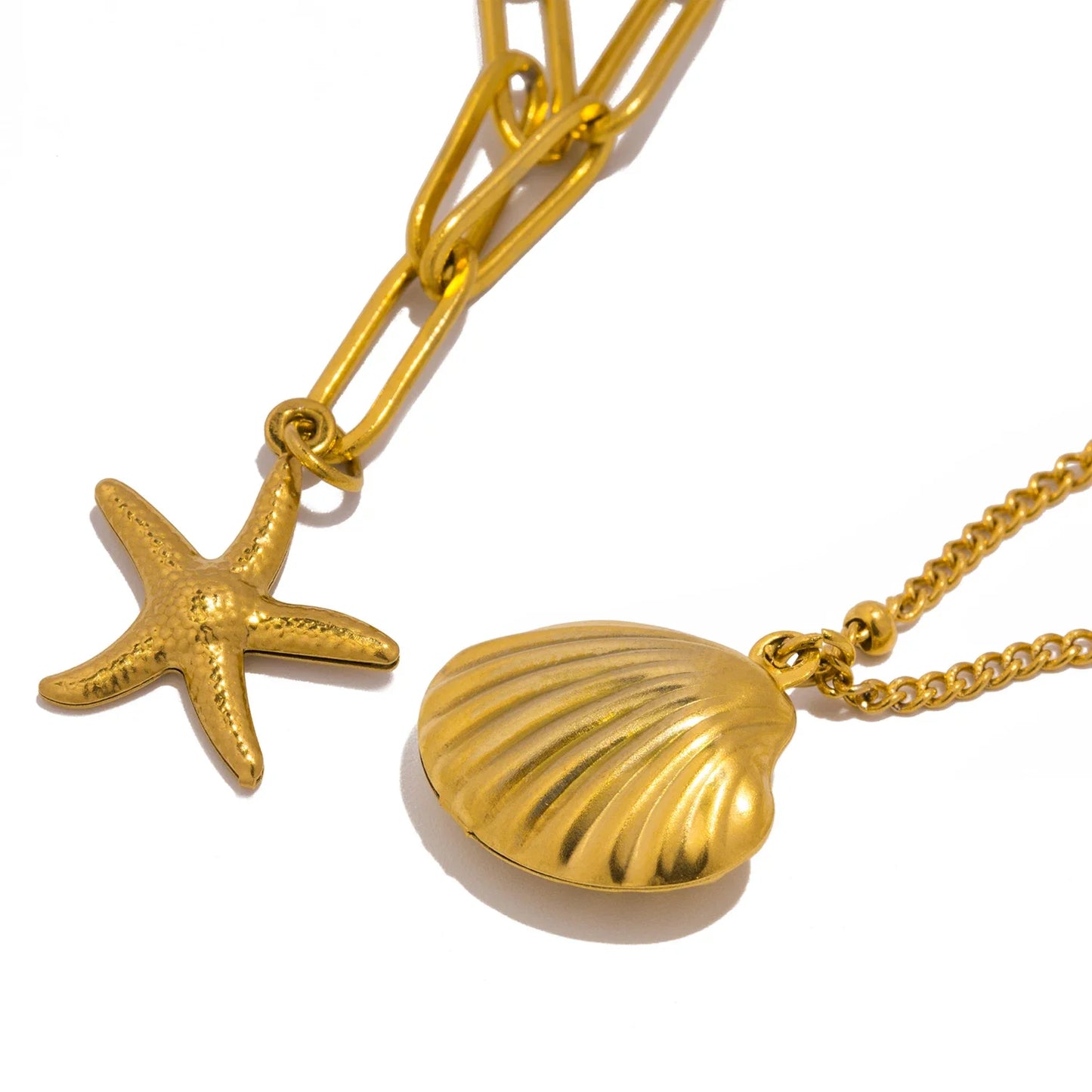 UHBINYCA Double Layered Chain Necklace for Women, Summer Beach Seashell Starfish Pendant, Stainless Steel Waterproof Jewelry
