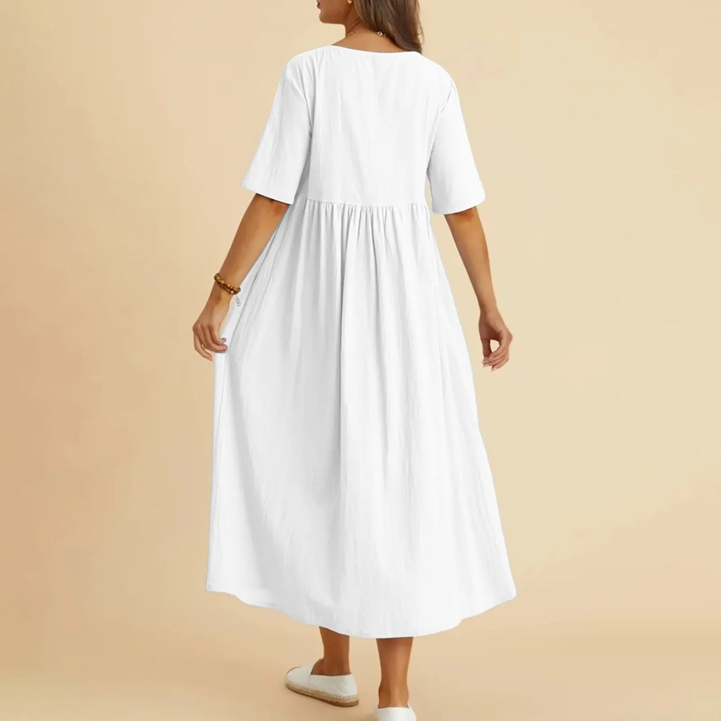 Loose Cotton And Linen Dresses For Women Casual Short Sleeve Patchwork Dress Solid Color A Line Pullover Dress Vestido Feminino