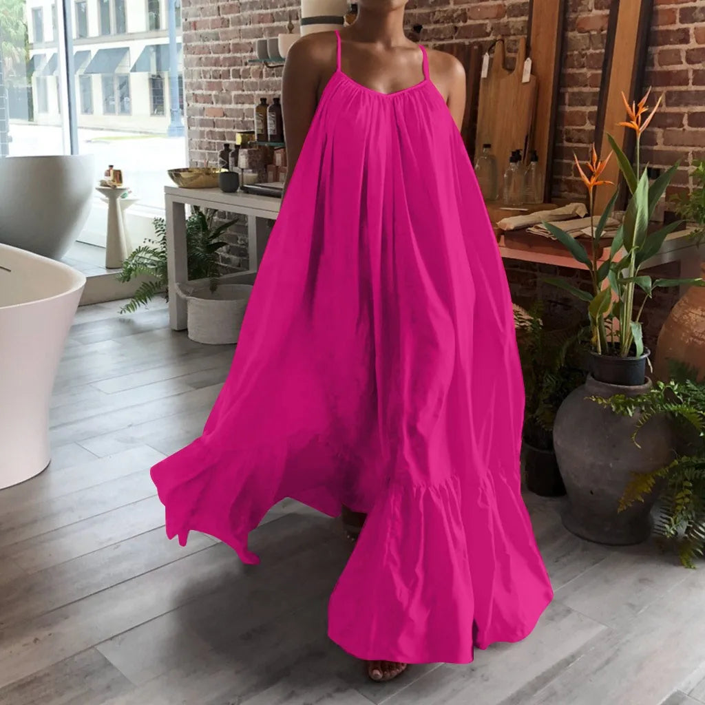 Spring Dress For Women Sexy Solid Strap Dress Pocket Loose Backless Big Swing Dresses Holiday Dresses For Women Wedding Guest