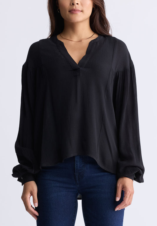 Kensley Women's Dropped Shoulder V-neck Loose Blouse. Black - WT0119F