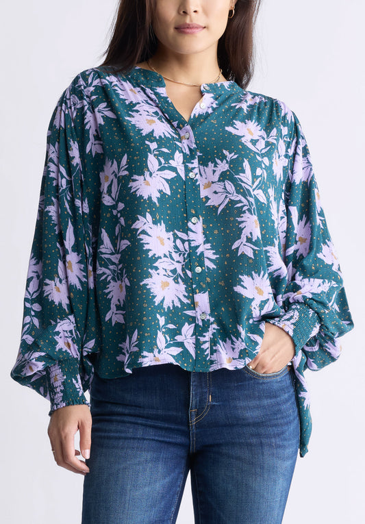 Ottilie Women's Long-Sleeved Blouse. Green with Purple Floral - WT0120F