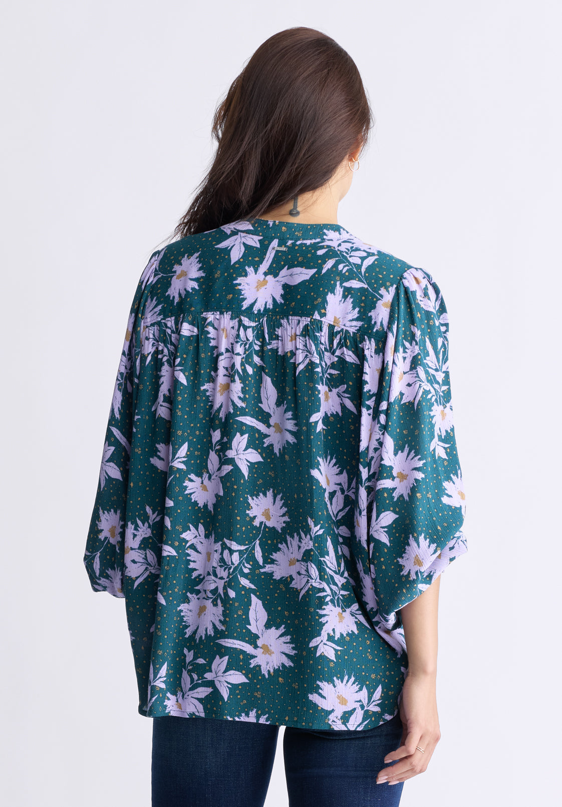 Ottilie Women's Long-Sleeved Blouse. Green with Purple Floral - WT0120F