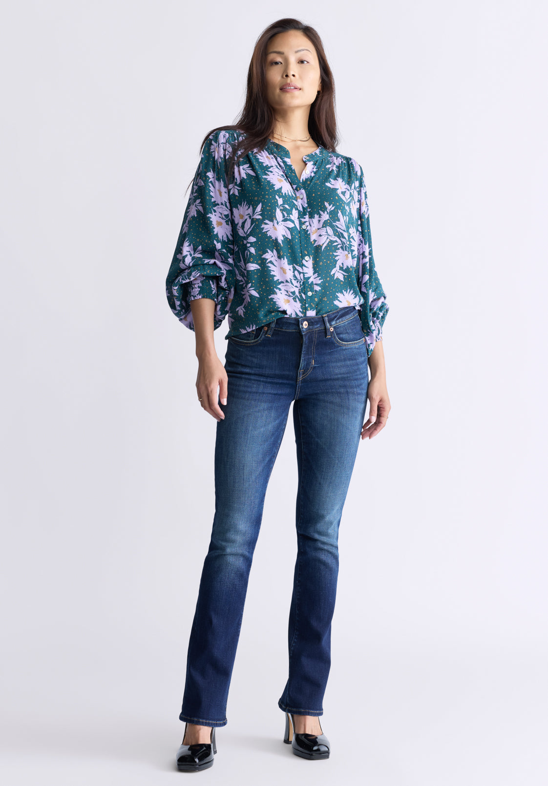 Ottilie Women's Long-Sleeved Blouse. Green with Purple Floral - WT0120F
