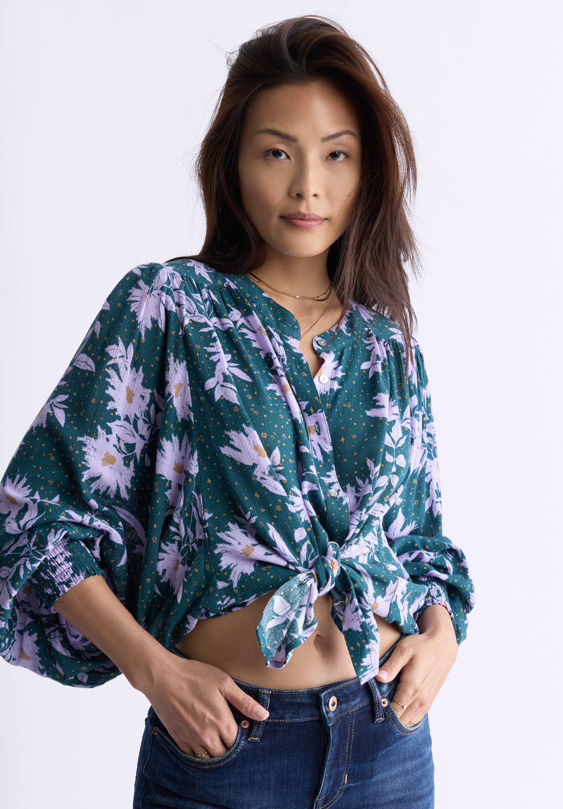 Ottilie Women's Long-Sleeved Blouse. Green with Purple Floral - WT0120F